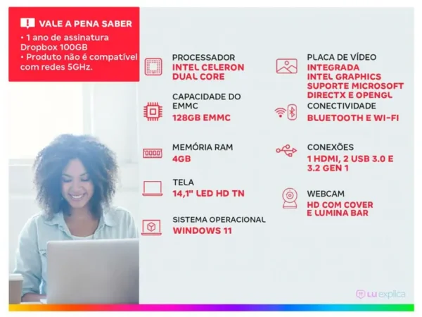 Notebook Positivo Vision C14 Lumina Bar Intel Celeron 4GB 128GB eMMC 14” HD Windows 11 Microsoft 365 - Imagem 2