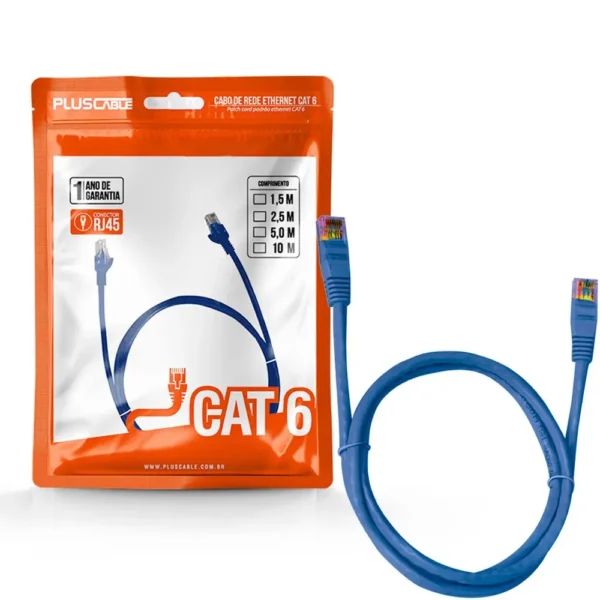 Cabo de Rede Patch Cord Cat6 com 5 Metros Crimpado Azul Pluscable