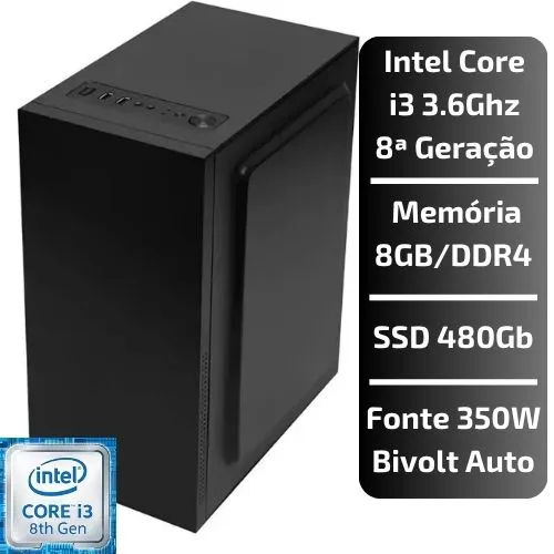 CPU - Intel Core i3 3.6Ghz 8ªGer /Memória 16Gb/DDR4 /SSD 240Gb /Fonte 350W Auto -NAC
