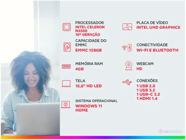 Notebook ASUS Vivobook Go 15 Intel Celeron 4GB RAM 128GB eMMC 15,6" UHD Rosa Windows 11+ Microsoft 365 Personal Office E510KA-BR833WS - Imagem 2
