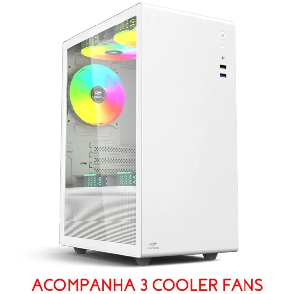 Gabinete Gamer Lateral em Vidro 3 Coolers USB 3.0 sem Fonte Branco MT-G200WH C3 Tech
