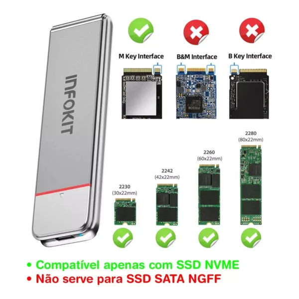 Gaveta / Case para SSD M.2 NVMe com cabo Tipo-C USB 3.1 ECASE-M2NV80 INFOKIT - Imagem 3