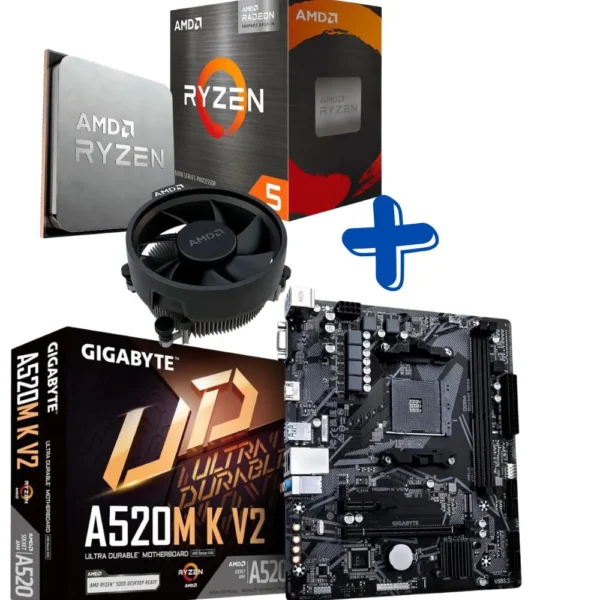 Kit - AMD Ryzen 5 5600GT 3.6Ghz 19Mb com Cooler Box + Placa Mãe AM4 DDR4 NVMe A520M K V2 Gigabyte