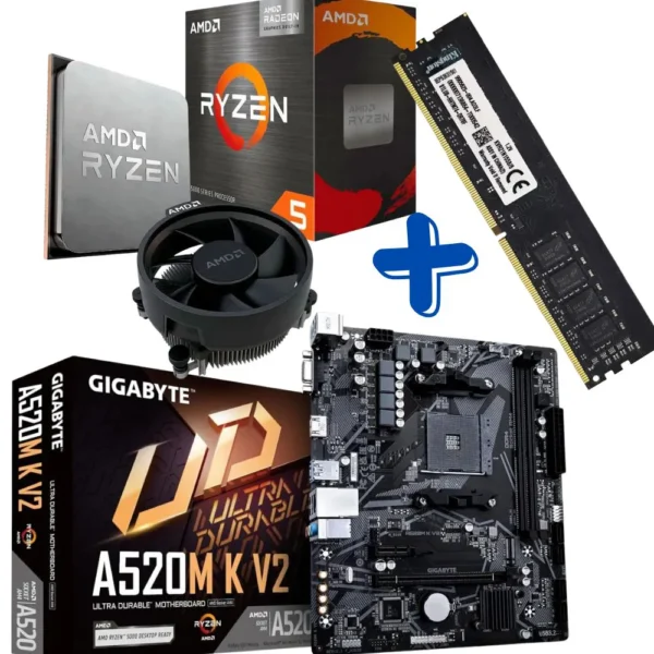 Kit - AMD Ryzen 5 5600GT 3.6Ghz Box + Placa Mãe AM4 DDR4 NVMe A520M K V2 Gigabyte + Memória 8Gb/DDR4