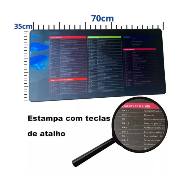MOUSE PAD GAMER ATALHOS WINDOWS 70X35CM BORDA COSTURADA MP-7035C EXBOM - Imagem 3