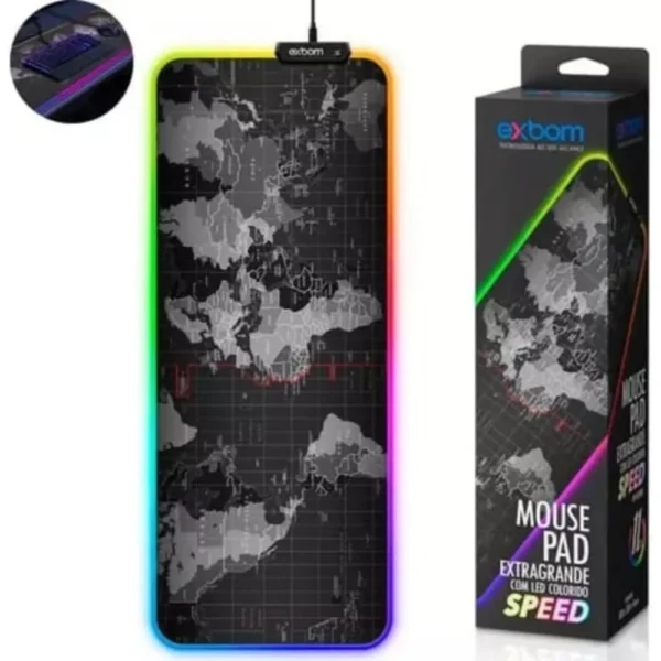 Mouse Pad Gamer Borda com Leds RGB 80X30cm Speed Mapa Mundi Exbom