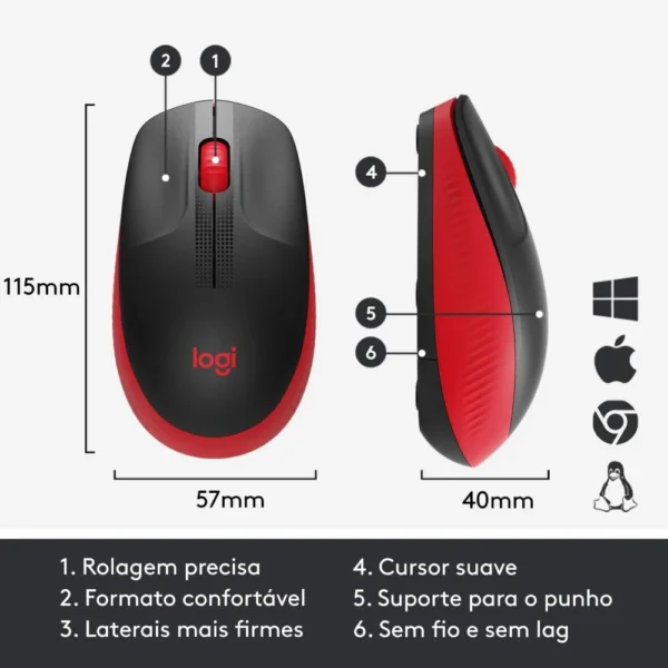 Mouse sem Fio Óptico Wi-fi 1000dpi com Pilhas M190 Vermelho Logitech - Imagem 2