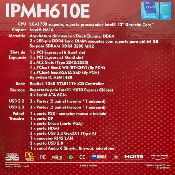 Placa Mãe Soket Intel 1700 12ª Geração DDR4 VGA HDMI Rede Gigabit IPMH610E PCWare - Imagem 5