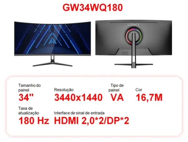 Monitor Gamer Curvo 34" 180Hz 1ms Full HD R1500 Legacy GW34WQ180 2 HDMI 2 DisplayPort Freeysnc G-sync - Imagem 2