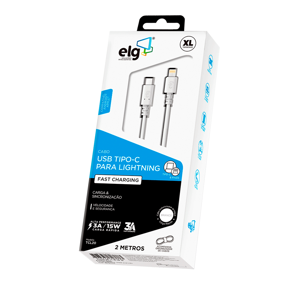Cabo ELG USB Tipo C para Lightning 3A 15W - Carga rápida - 2 Metros - TCL20 -NAC